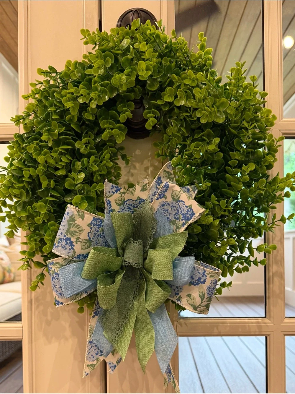 Green Boxwood Wreath with Blue Floral Bow - Home Holiday
